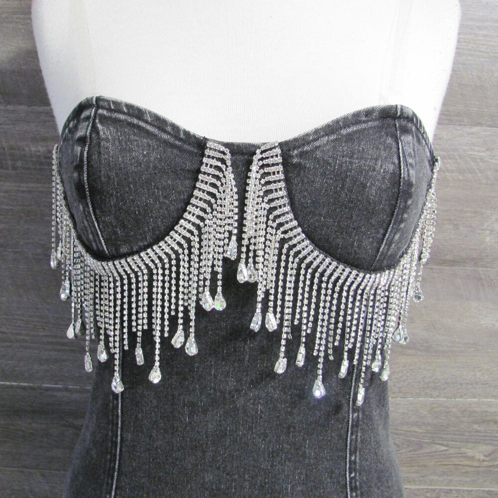 CLOUD TEN LADIES BLACK DENIM BLINGED BODY CON DRESS NWT - Picture 4 of 13